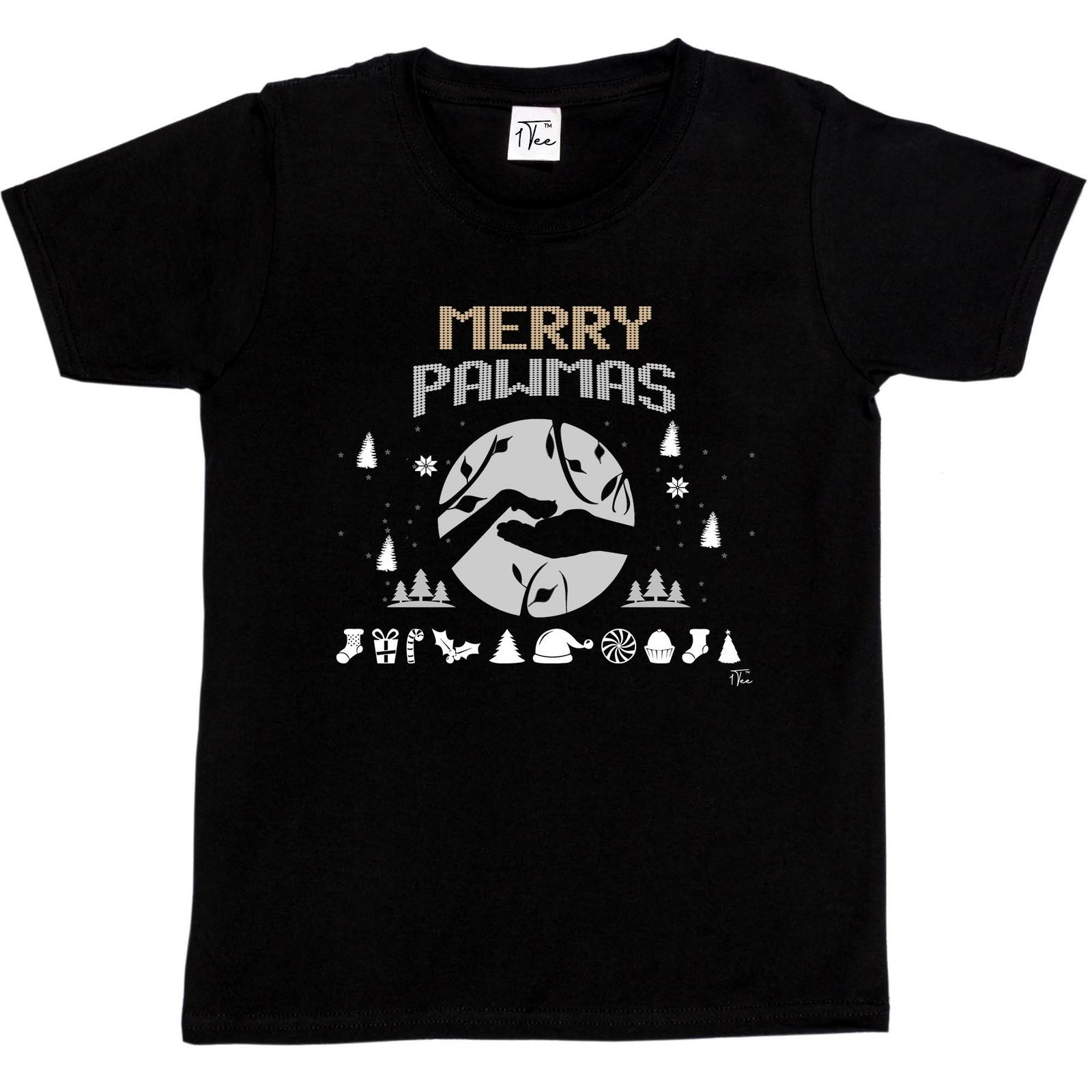 1Tee Kids Girls Merry Pawmus Christmas T-Shirt L