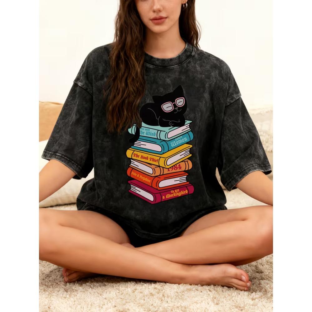 Illustration Cartoon Kaninchen Bücherstapel Druck T-Shirt Vintage Oversized Rundhalsausschnitt Kurzarm für Herren Damen Täglich