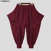 INCERUN Men Elastic Waist  Stitching Casual Long Texture Drop-crotch Pants Trousers