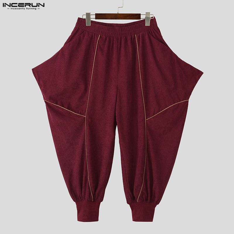 INCERUN Men Elastic Waist  Stitching Casual Long Texture Drop-crotch Pants Trousers