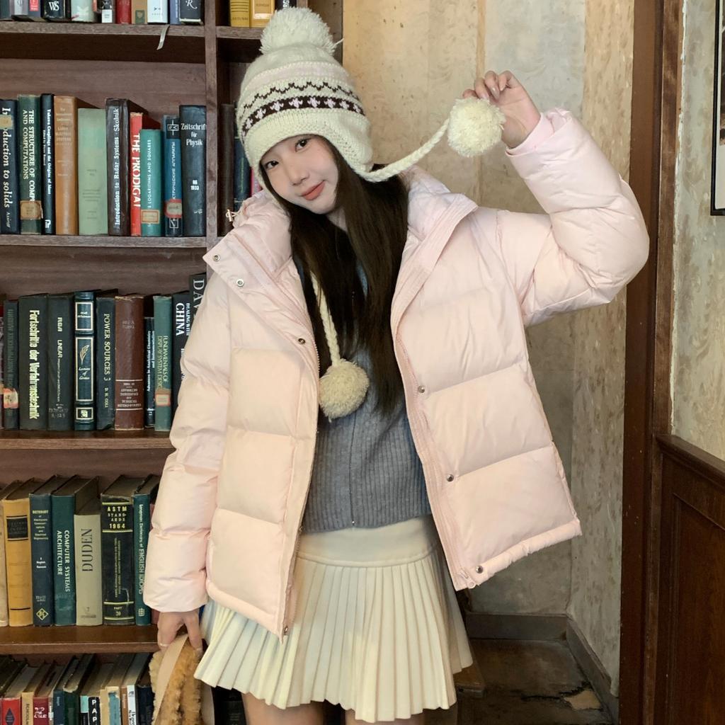 Pinghu down jacket women's winter white duck down thickened short removable hooded sweet small fresh versatile jacket