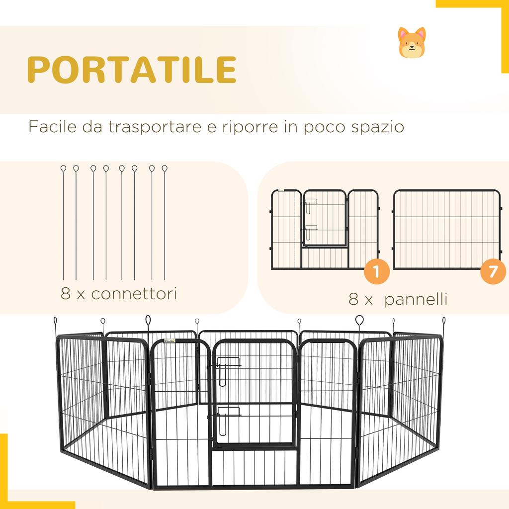 8-Piece Modular Dog Fence for Indoor and Outdoor Use, Steel, 80x60 cm, Black