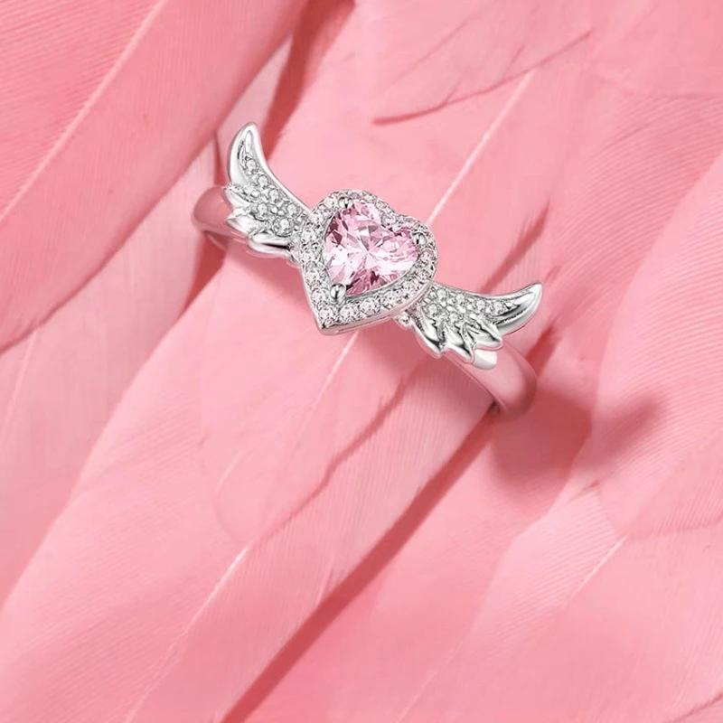 Chic Angel Wing Ring for Couple Pink Heart Cubic Zirconia Eternity Rings Romantic Forever Love Finger Jewelry Valentine Day Gift