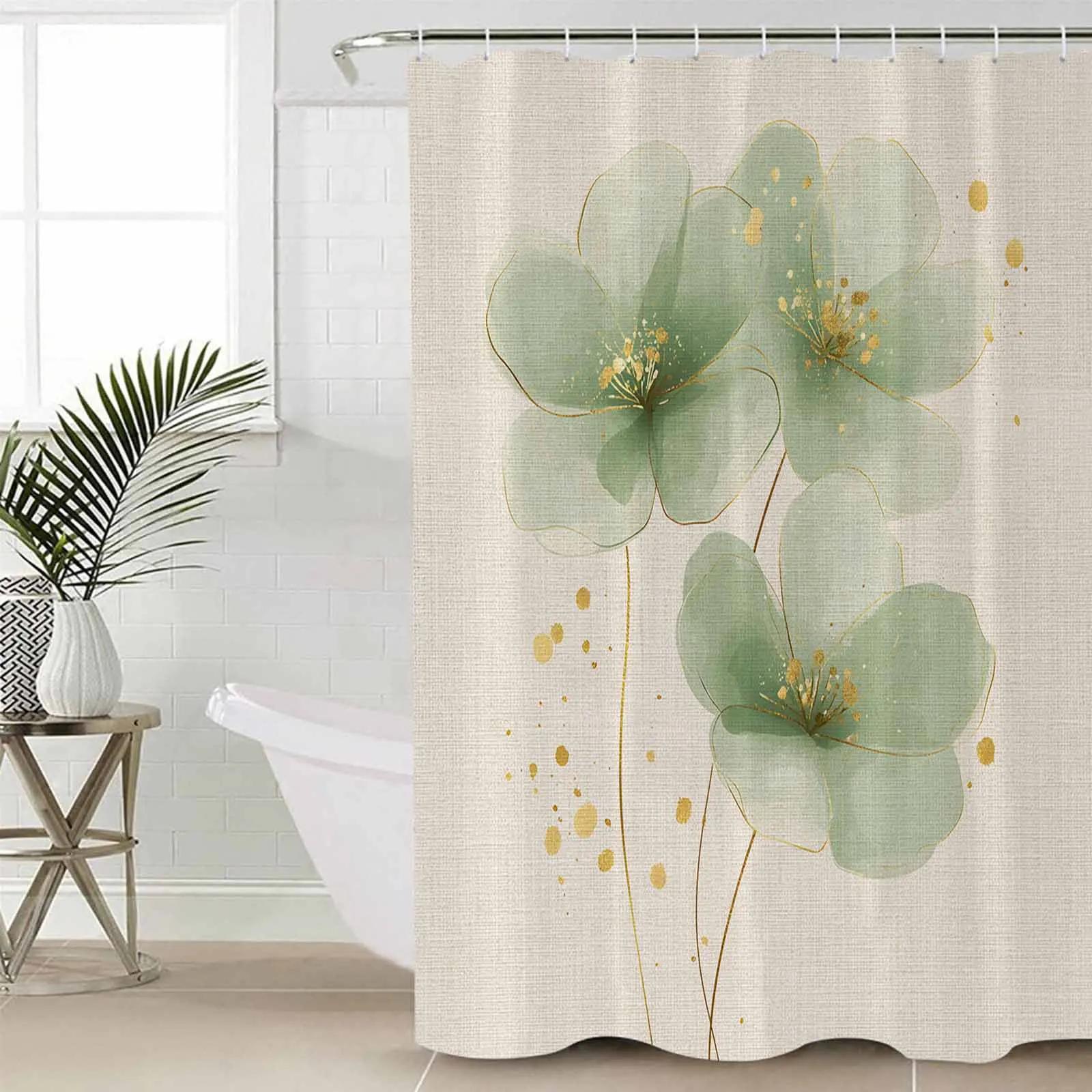 

Linen Background Green Flowers Shower Curtains Waterproof Bath Curtains Home Decor Modern Luxury Bathroom Curtain W60H190(CM)-1 Pcs