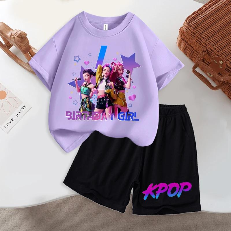 Summer Demon Hunters Purple T-shirt Shorts Suit for Girls Cartoon Number 3D Printed Short-sleeved Top