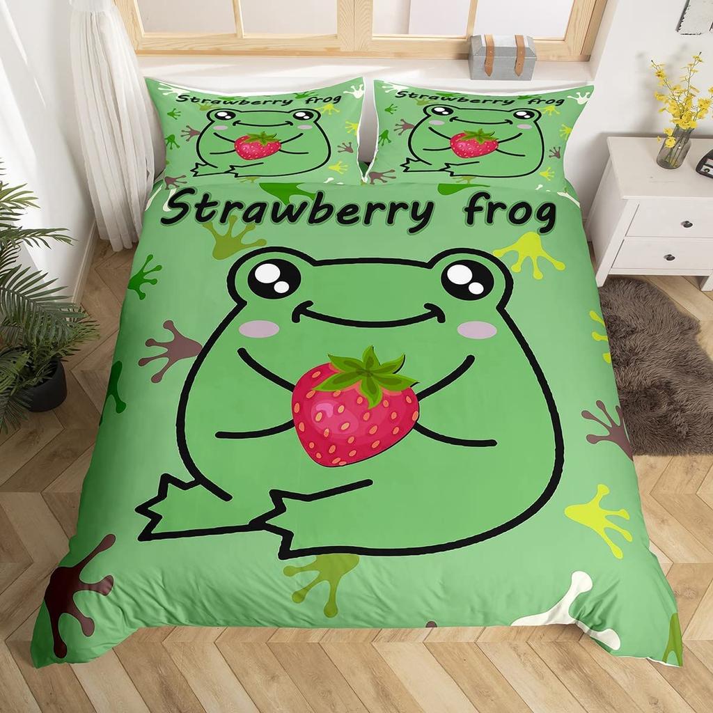 Frog Duvet Cover Set Cute Kawaii Cartoon Frog Pattern King Queen Size Polyester Comforter Cover With Pillowcase For Kids Girls