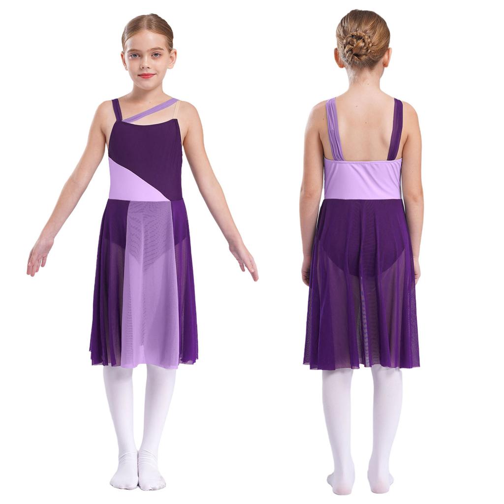 Kids Girls Mesh Overlay Ballet Contemporary Dance Dress Lyrical Leotard Costume Sleeveless Dresses