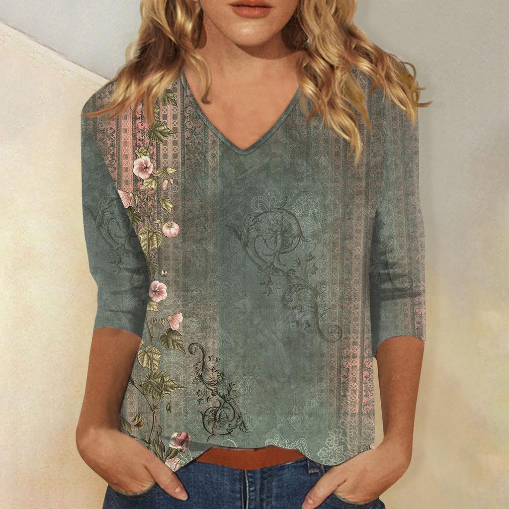 Damen T-Shirt mit V-Ausschnitt und Dreiviertelärmeln, lässig, Retro-Print