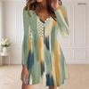Women Plus Size V Neck Long Sleeve Blue Black Printed Curved Hem Dress