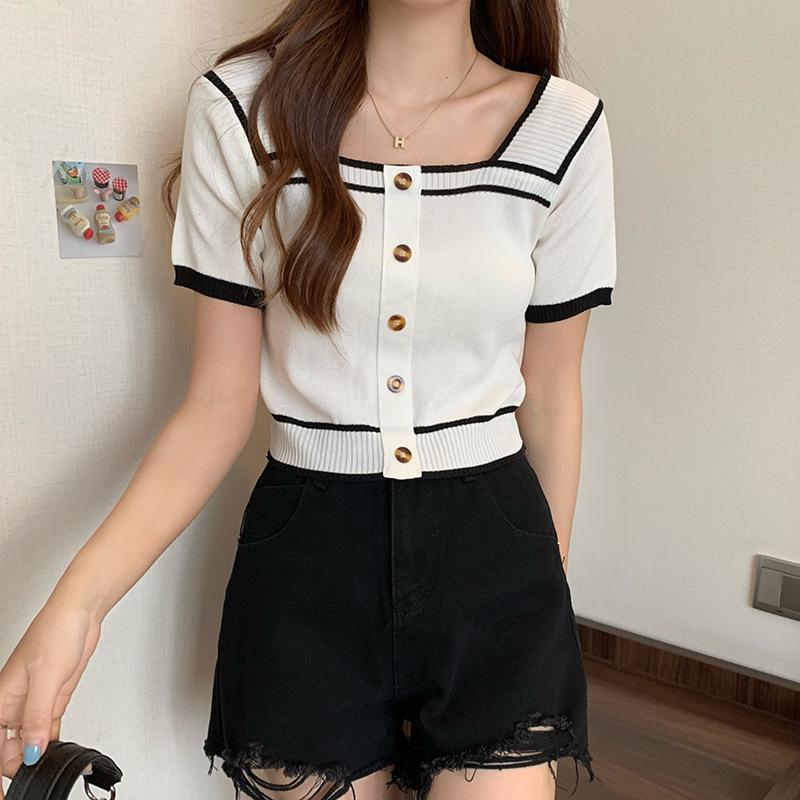 Spring and Summer Square Neck Backless Short-sleeved Slim Thin Color Collision Short Section Bottoming Knit Sweater Tops Women Casual Pullovers Tees