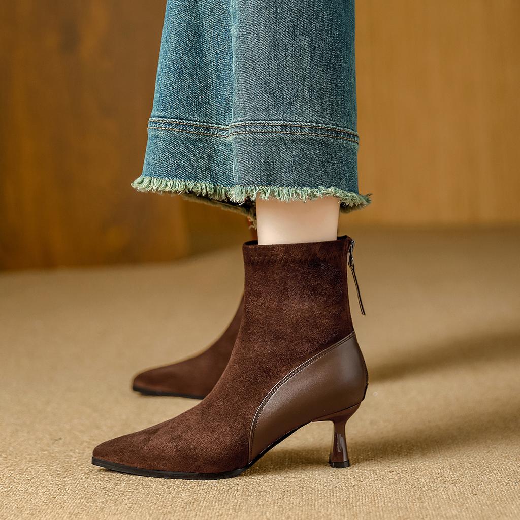 High Heel Short Boots Thin Heel Pointed Skinny Boots Suede Splicing Coffee Boots Medium Boots