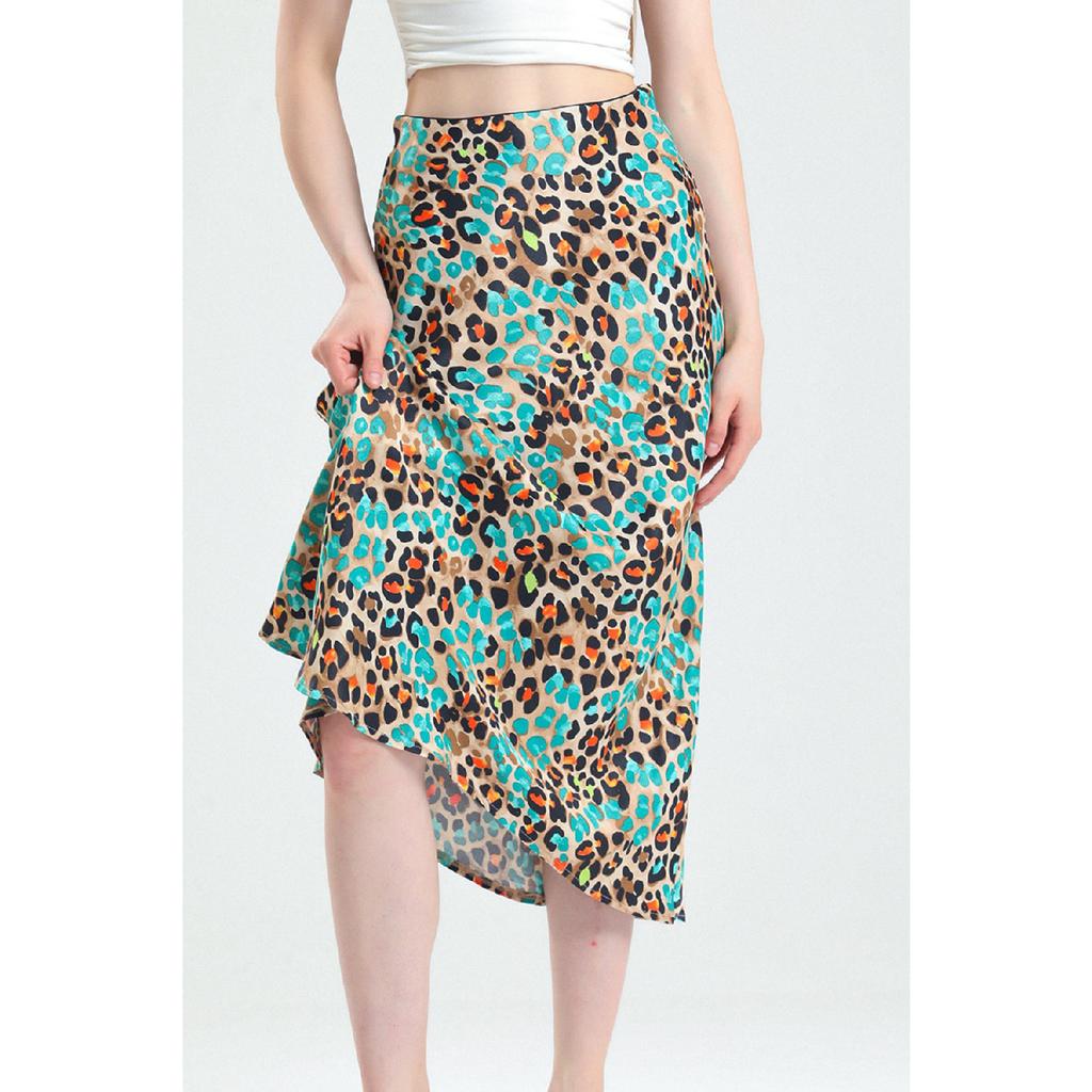 Leopard Pattern Satin Midi Length Brown Skirt