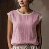 Lniany top z krótkim rękawem w stylu retro z damskim koronkowym patchworkiem, okrągły dekolt, luźny i wyszczuplający, letnia oddychająca lniana koszulka