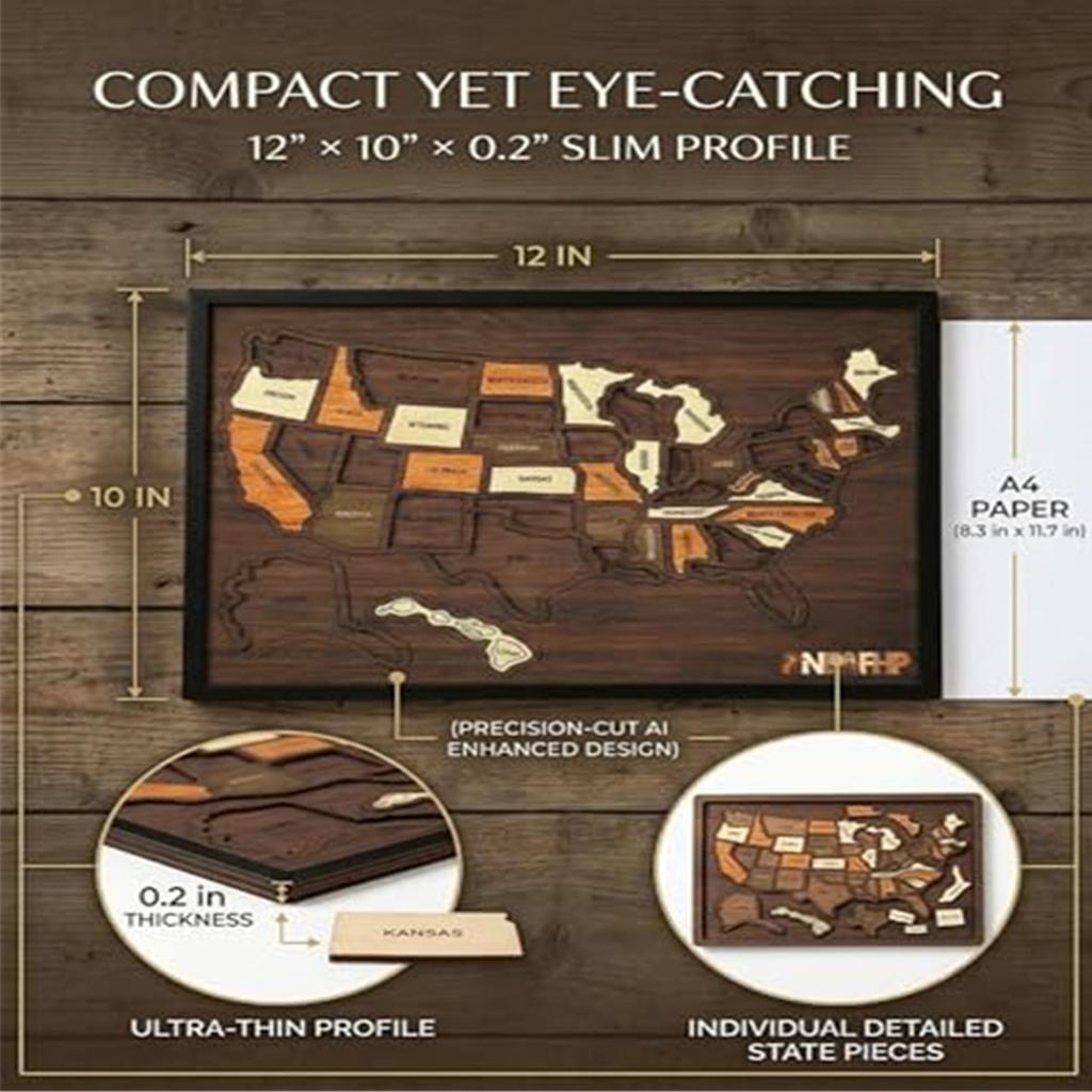12 X 10Inch Wooden United States Map Puzzle with Elements Sticker & Pins for Home Kitchen Office Couples and Families Gift