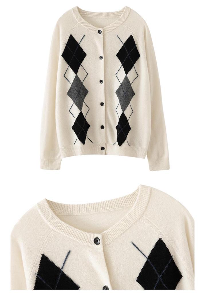 Women's Autumn Winter French Retro Cashmere Diamond Pattern Cardigan Sweater