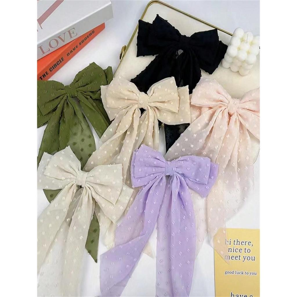 6 Damen Frühling/Sommer einfarbig Chiffon lang gepunkteter Stoff super Fee große Schleife Hinterkopf Haarspange Haarschmuck