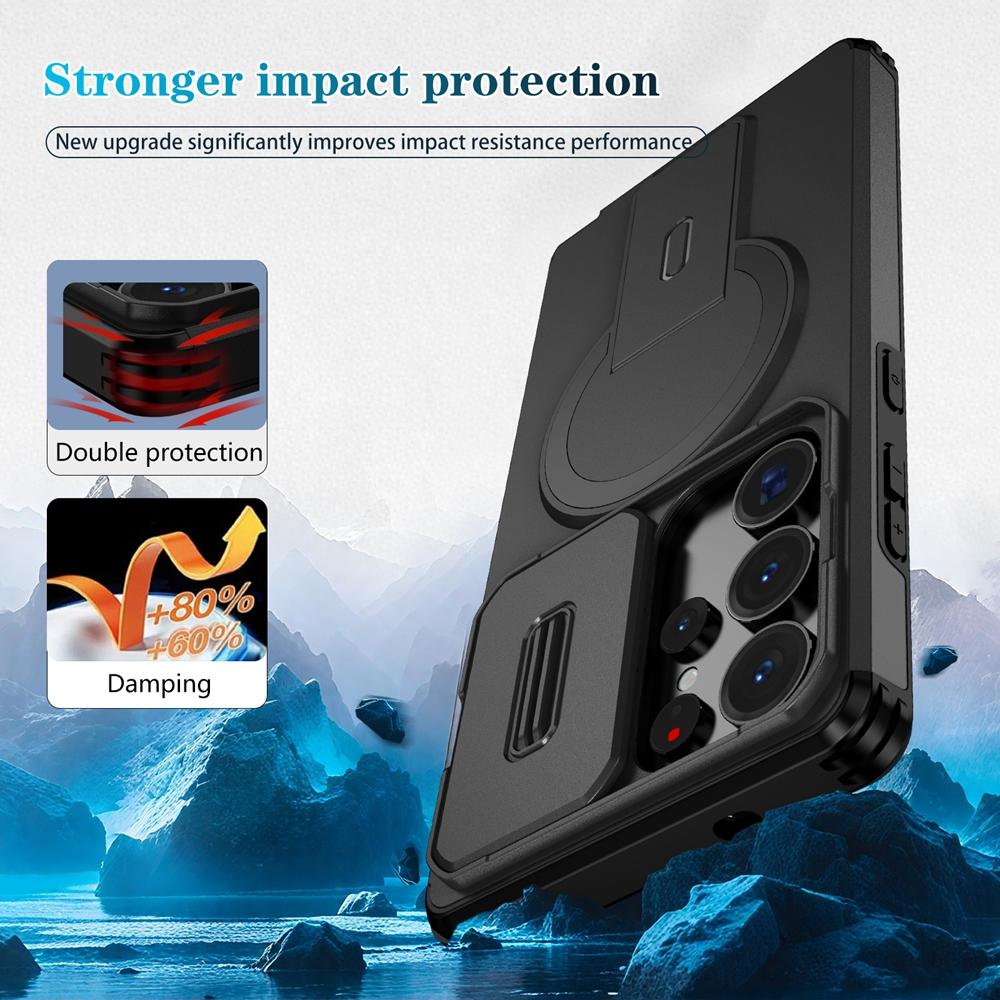 Armor Slide Camera Lens Case For Samsung Galaxy S26 S25 S24 S23 S22 Ultra Plus Magnetic Car Mount Foldable Kickstand Cover