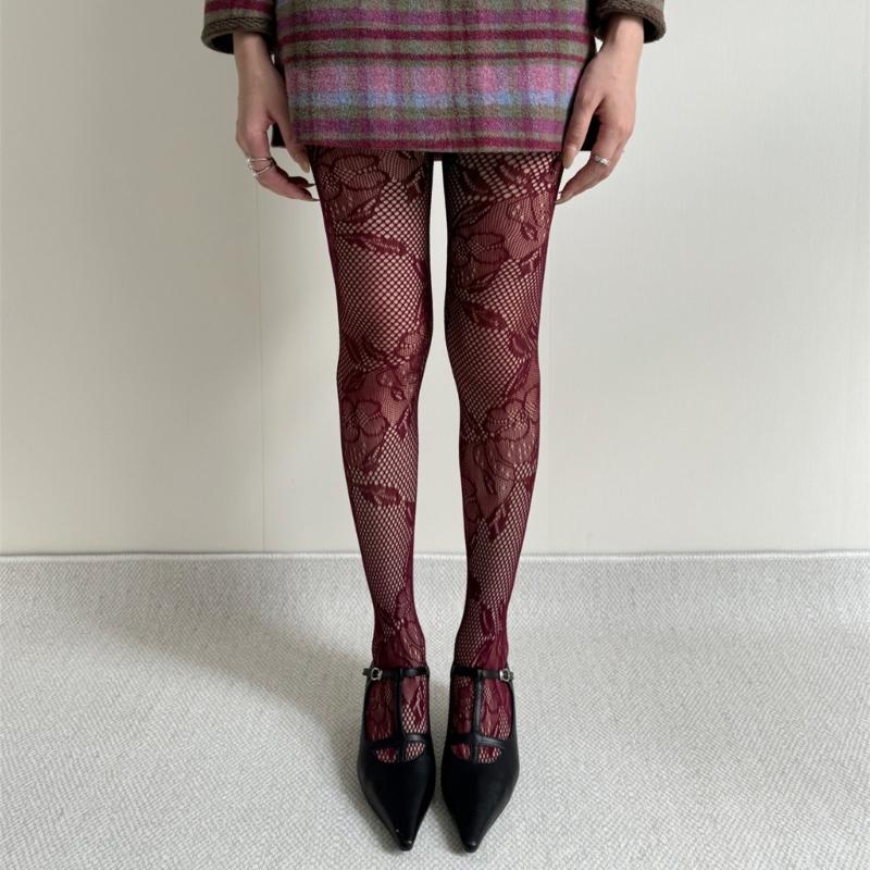 Women See Through Fishnet Mesh Pantyhose Stockings Aesthetic Elegant Hollowed Flower Patterned Tights Leggings Hosiery