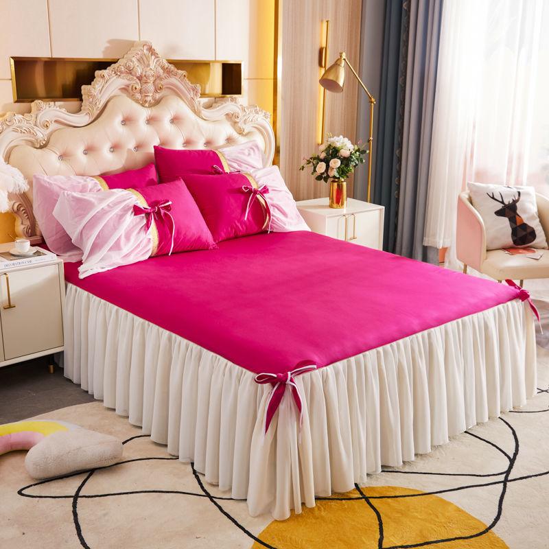 100% Cotton Fabric Princess Lace Bedspread King Queen Size Bed Skirt with Pillowcase, 1pc Bed Skirt+2pcs Pillowcases