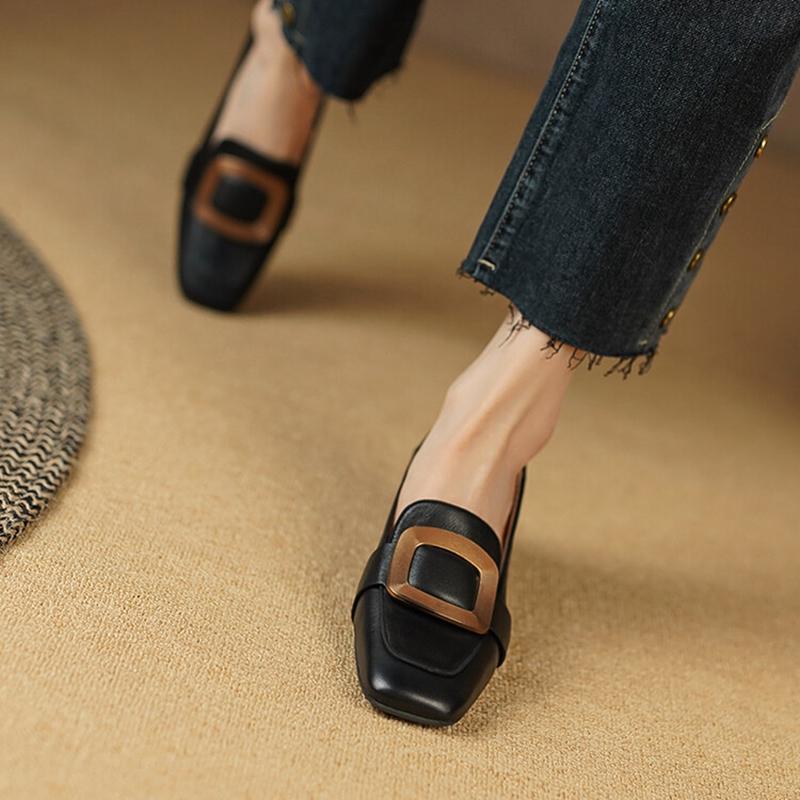 Fashion 2025 Spring Women Loafers Square Toe Chunky Heel Women Shoes Genuine Leather Shoes for Women Retro Square Button Women's Pumps