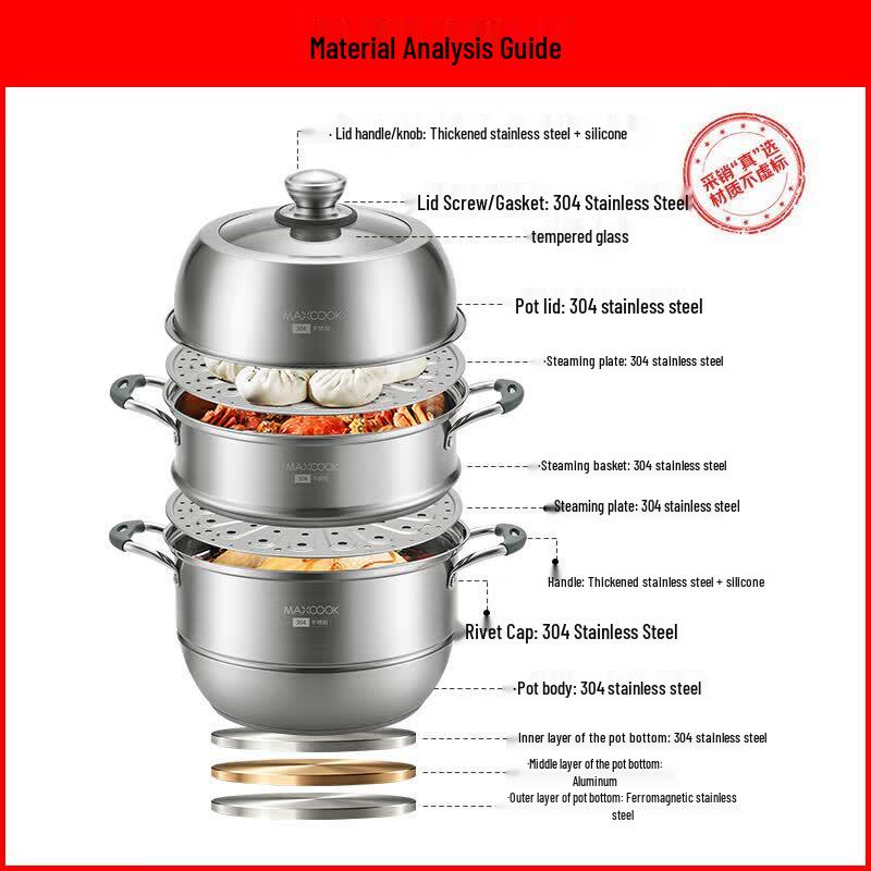 MAXCOOK 32cm 3-Tier 304 Stainless Steel Steamer Pot