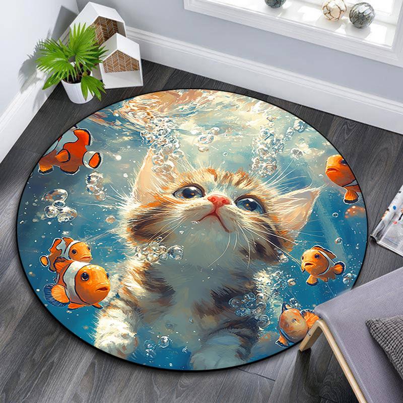 Kitten Clownfish Round Area Rug,Carpet Rug for Living Room Bedroom Sofa Playroom Decor,Non-slip Floor Mat