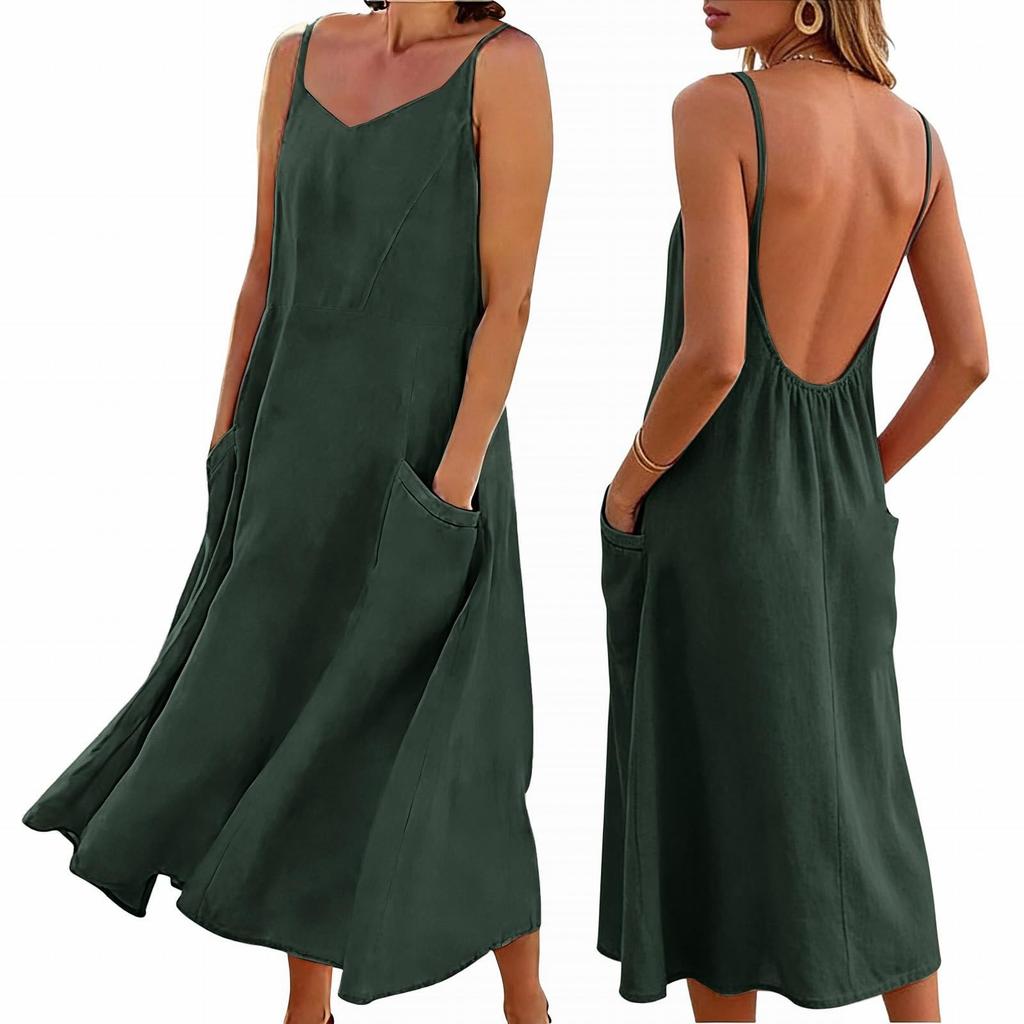 Women's Fashionable Casual -Color -Neck Backless Dress With Pockets