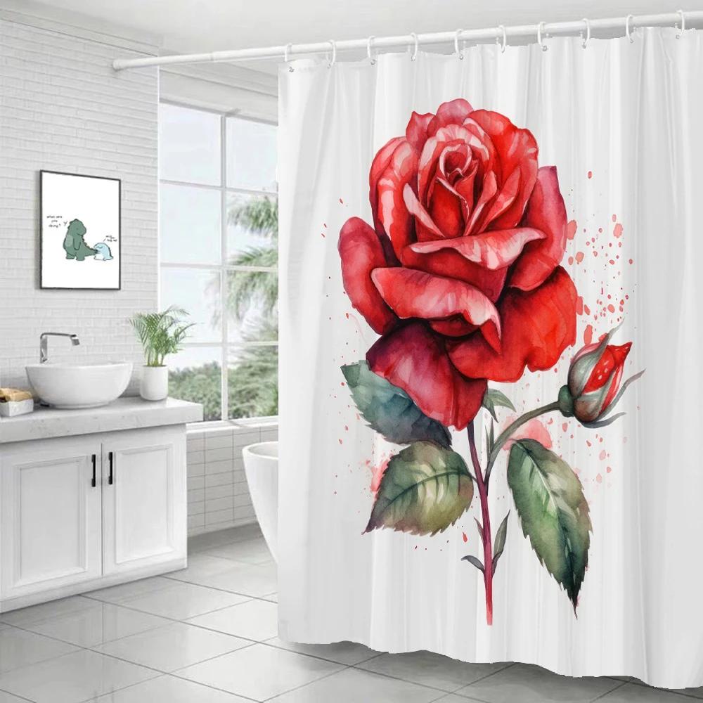 Waterproof Polyester Fabric Red Rose Shower Curtains Blue Rose Flowers Printing Bathroom Curtains for Home Decoration Curtain
