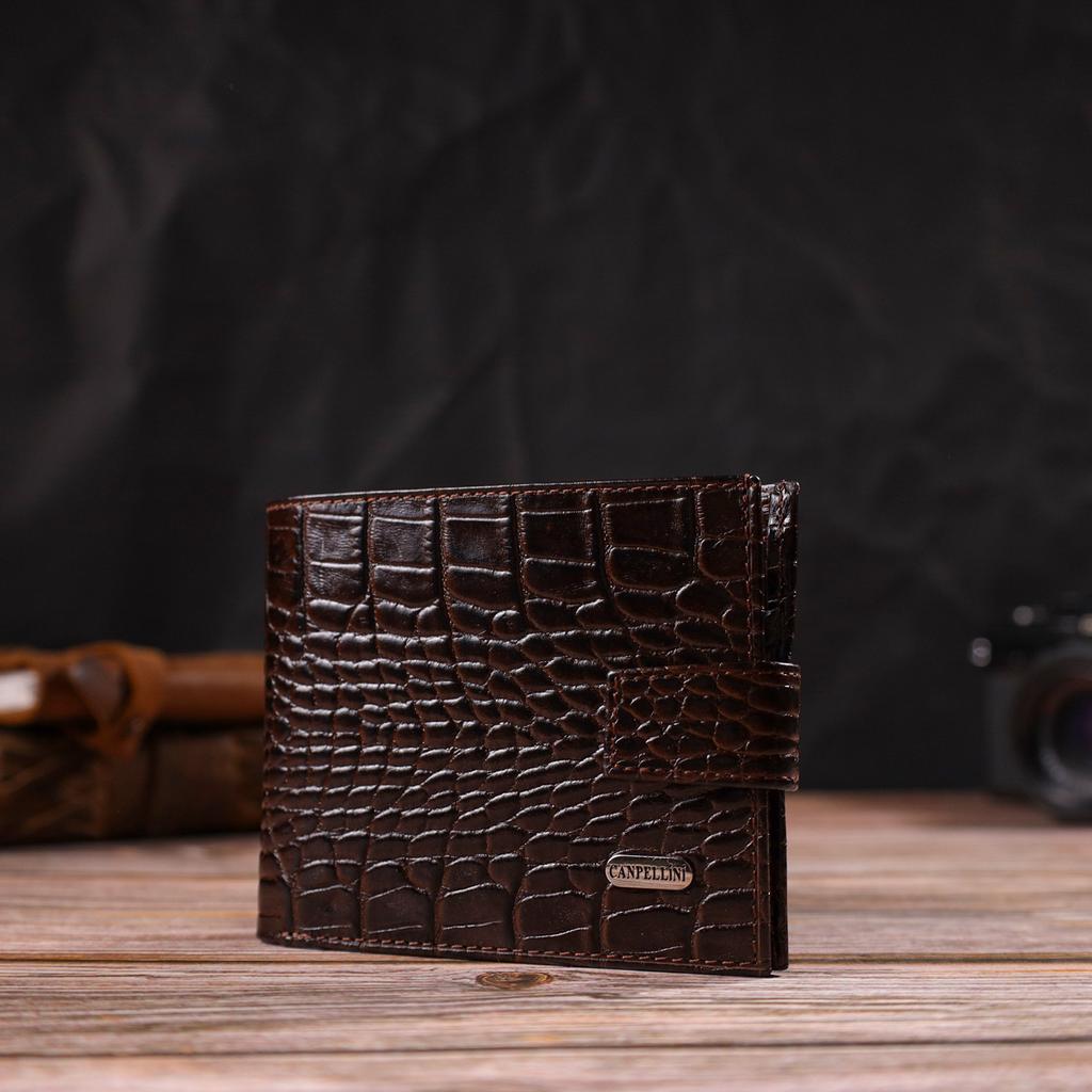 Funktionell horisontell plånbok för män gjord av äkta läder med krokodilprägling CANPELLINI 21885 Brun