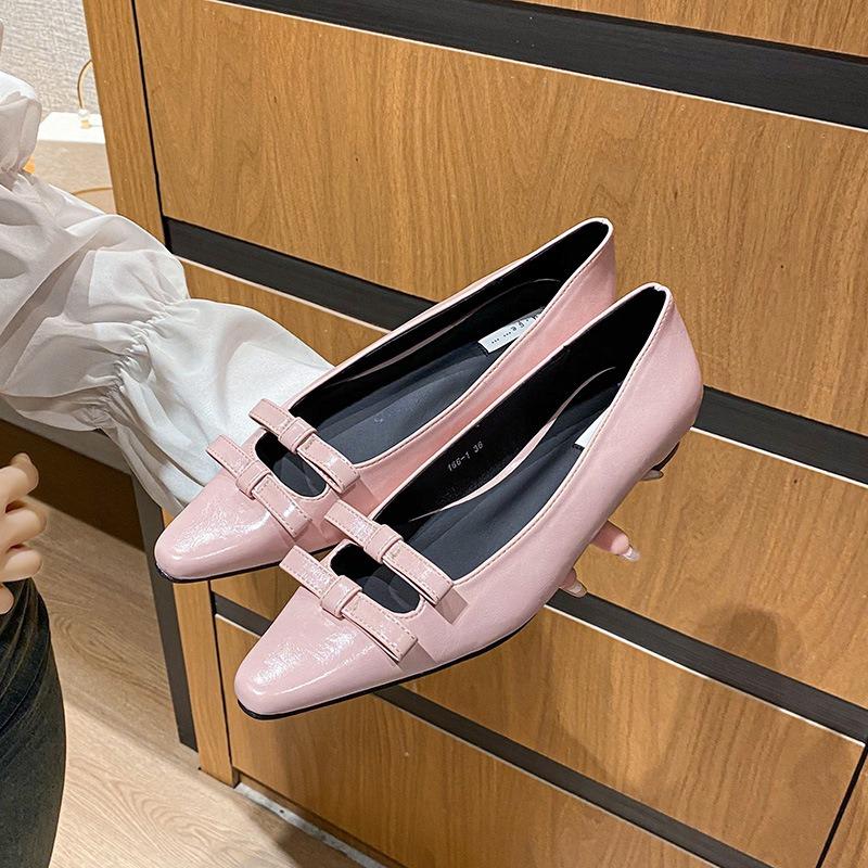 Designer Women Heels Ladies Small Heels Leather Shoes Elegant Pointed-toe Bowknot Pumps Casual Slip-on Scoop Shoes Tacones Mujer