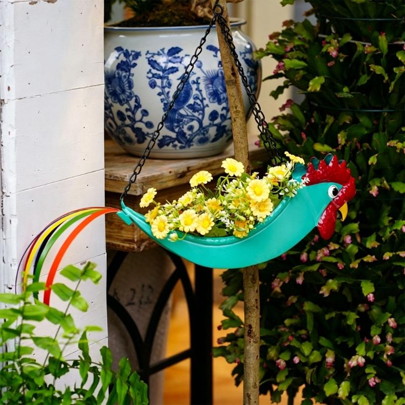 Iron Hanging Flower Pot Colorful Rooster Planter with Wide Planting Container and Chain System for Off-Floor Flower Displays on Patios and Porches
