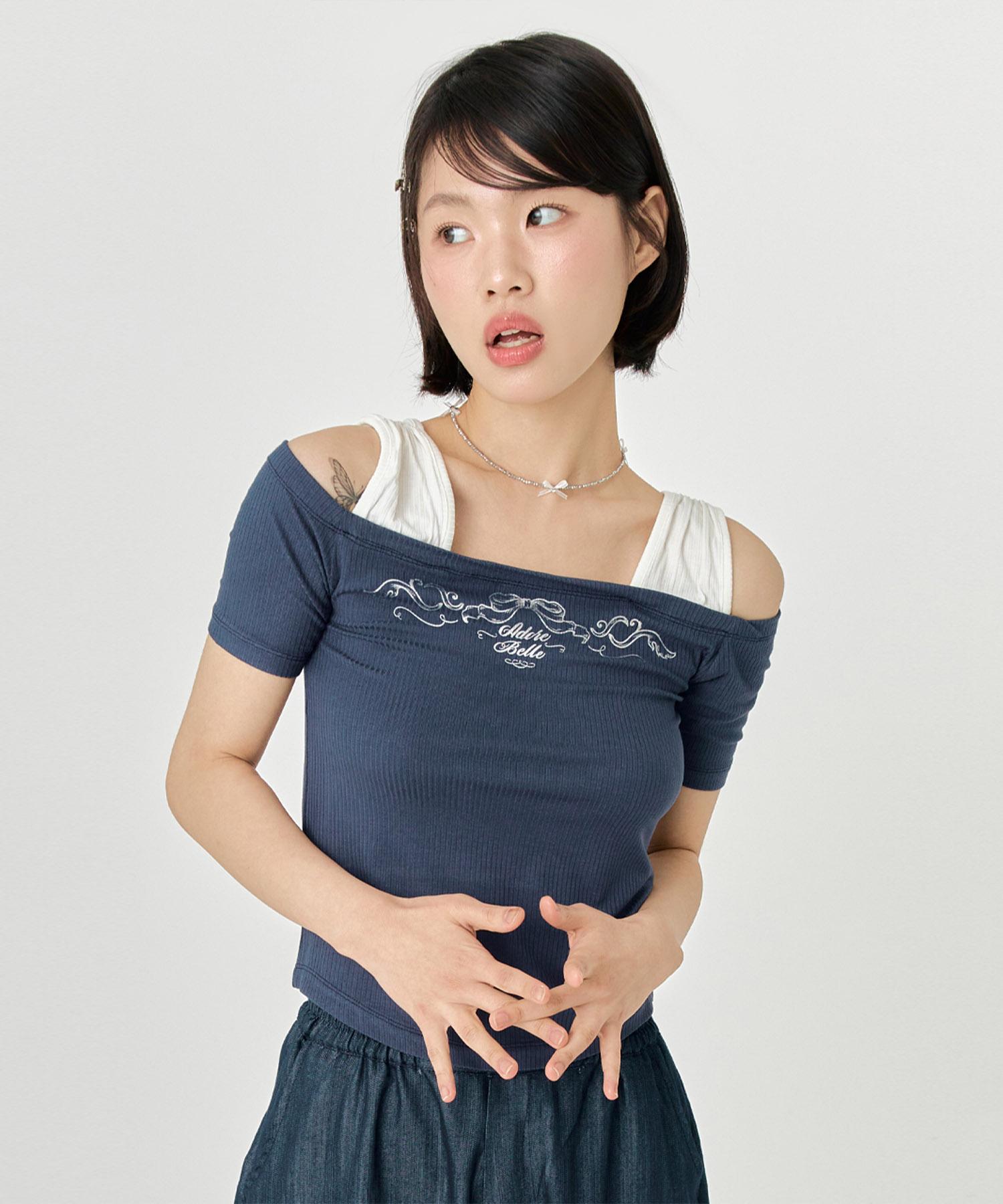 Adore Bell Silver Antique Crop Off-Shoulder T-Shirt - Navy