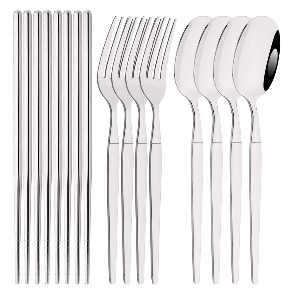 

Korean Tableware Set 12Pcs Luxury Mirror White Gold Flatware Cutlery Set Stainless Steel Dinnerware Fork Spoon Chopsticks Set срібний