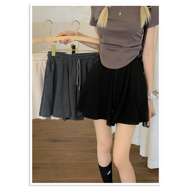Drawstring Sports Shorts Women's Summer Elastic Waist Sag Loose Look Slim Everything with A Line Casual Wide Leg Skirt Pants