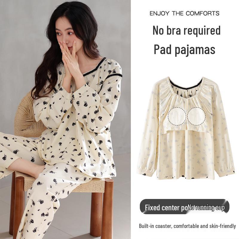 

Women s Autumn Long Sleeve Cotton Pajama Set with Chest Pad - Casual and Fashionable Homewear 3XL (Height 175-180 cm, Weight 160-180 kg)