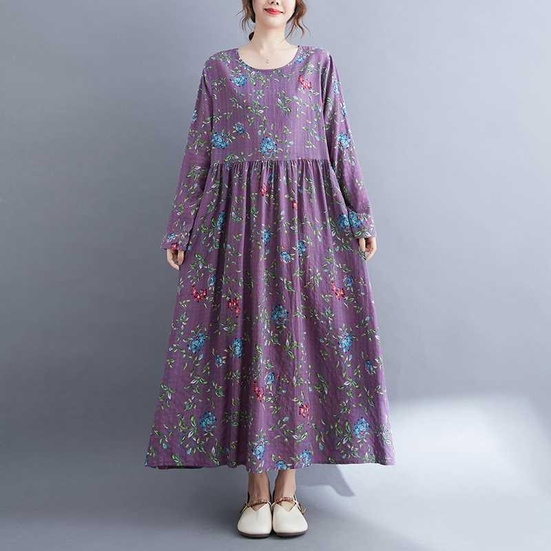 New Literary Plus Size Printed Long Sleeve Ethnic Style Dresses