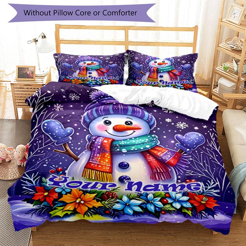 3PC Custom Name Winter Snowman Card Bedding Set Printed Bedding Set Duvet Cover Closure Includes 1 Duvet Cover & 2 Pillowcases for All Seasons Bedroom