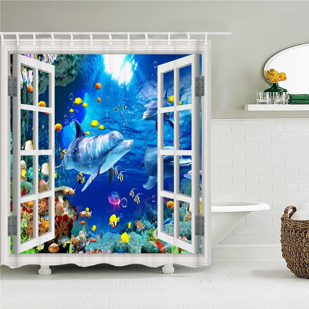 Lovely Dolphin Cartoons Shower Curtains Waterproof Bathroom Curtain 3D Marine Life With Hooks Large Size 240*180Cm Bath Screen