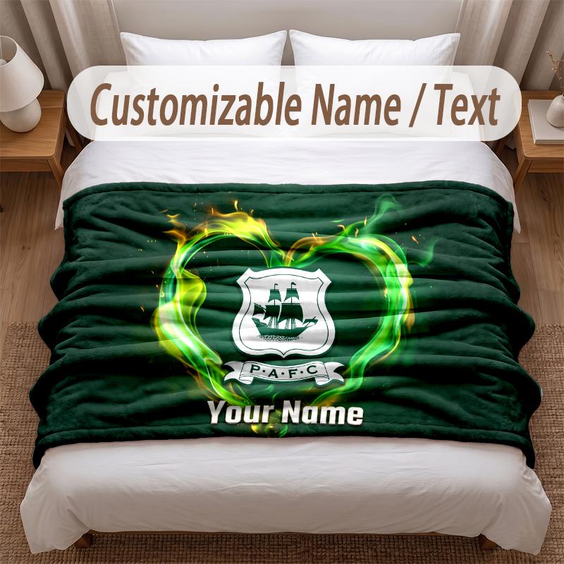 Plymouth Argyle FC Printed Flannel Blanket Custom Name Text Soft Warm Throw For Bedroom Holiday Gift