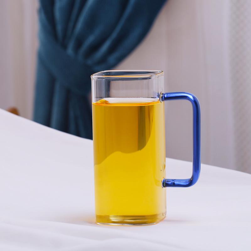 High Value Glass Straw Cup with Cover  Square Color Handle Transparent Glass Milk Tea Flat Bottom Single Layer Cup