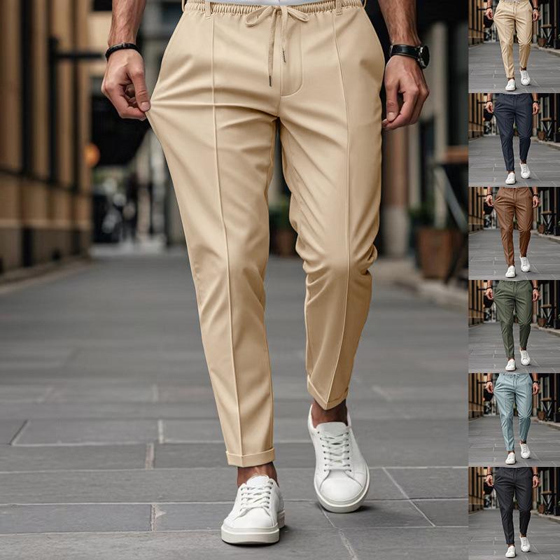 American Style Men's Casual Slim Fit Tapered Pants - Autumn/Winter Solid Color with Drawstring