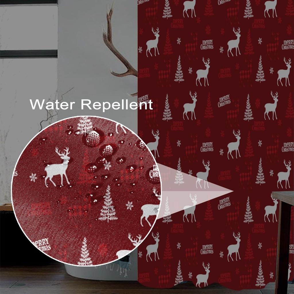 Julduschdraperi för Badrum Rött Julfest Duschdraperi Set med Krokar Älg Julgranar Snöflingor Dekor Vattentät