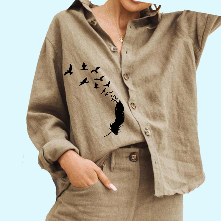 

Женская мода Цветочный принт Блузка Дамы Хлопок Льняной Топ Повседневная рубашка на пуговицах 3XL хаки