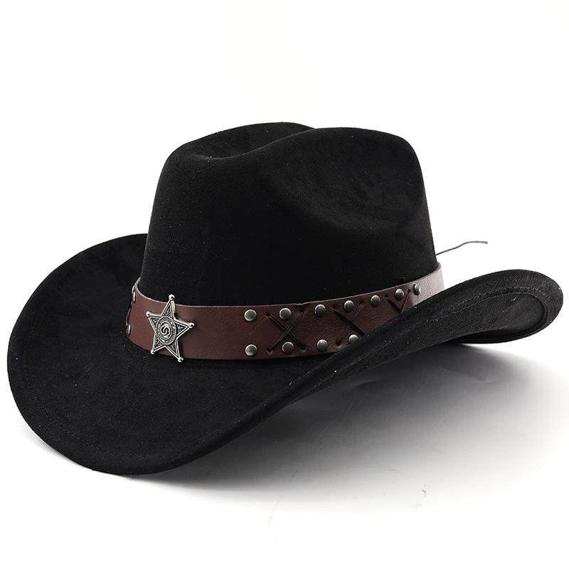 Western cowboy roll-up edge big edge cowboy hat bull head accessories leather velvet jazz hat riding hat