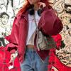 Wine Red Women  Leather Jackets Fashion Lapel Long Sleeve Zipper Pockets Bomber Jacket Coats Lady Casual Outerwear