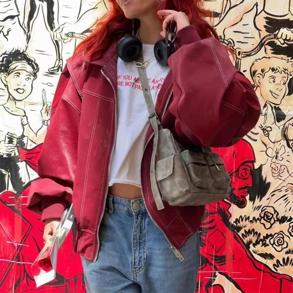 Wine Red Women Leather Jackets Fashion Lapel Long Sleeve Zipper Pockets Bomber Jacket Coats Lady Casual Outerwear