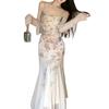 Mesh splicing square neck tie-dye suspender slim-fitting dress for women's Xia Yujie style temperament waist-wrapped buttocks fishtail dress