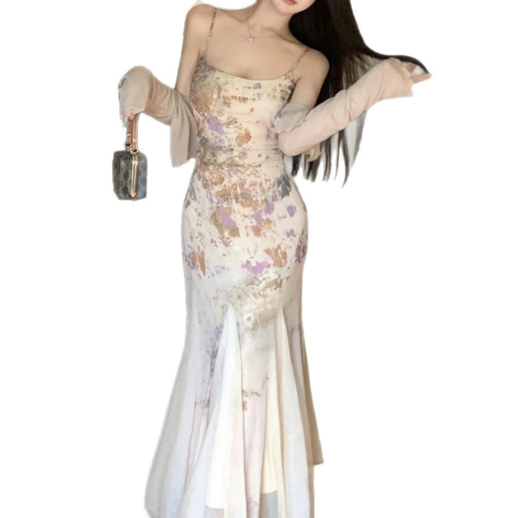 Mesh splicing square neck tie-dye suspender slim-fitting dress for women's Xia Yujie style temperament waist-wrapped buttocks fishtail dress