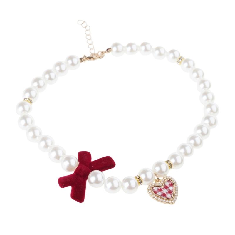 Dog Cats Pearls Necklace Handmade Pet Long Elegant Bowknot Pattern Necklace for Everyday Wear and Pet Gatherings