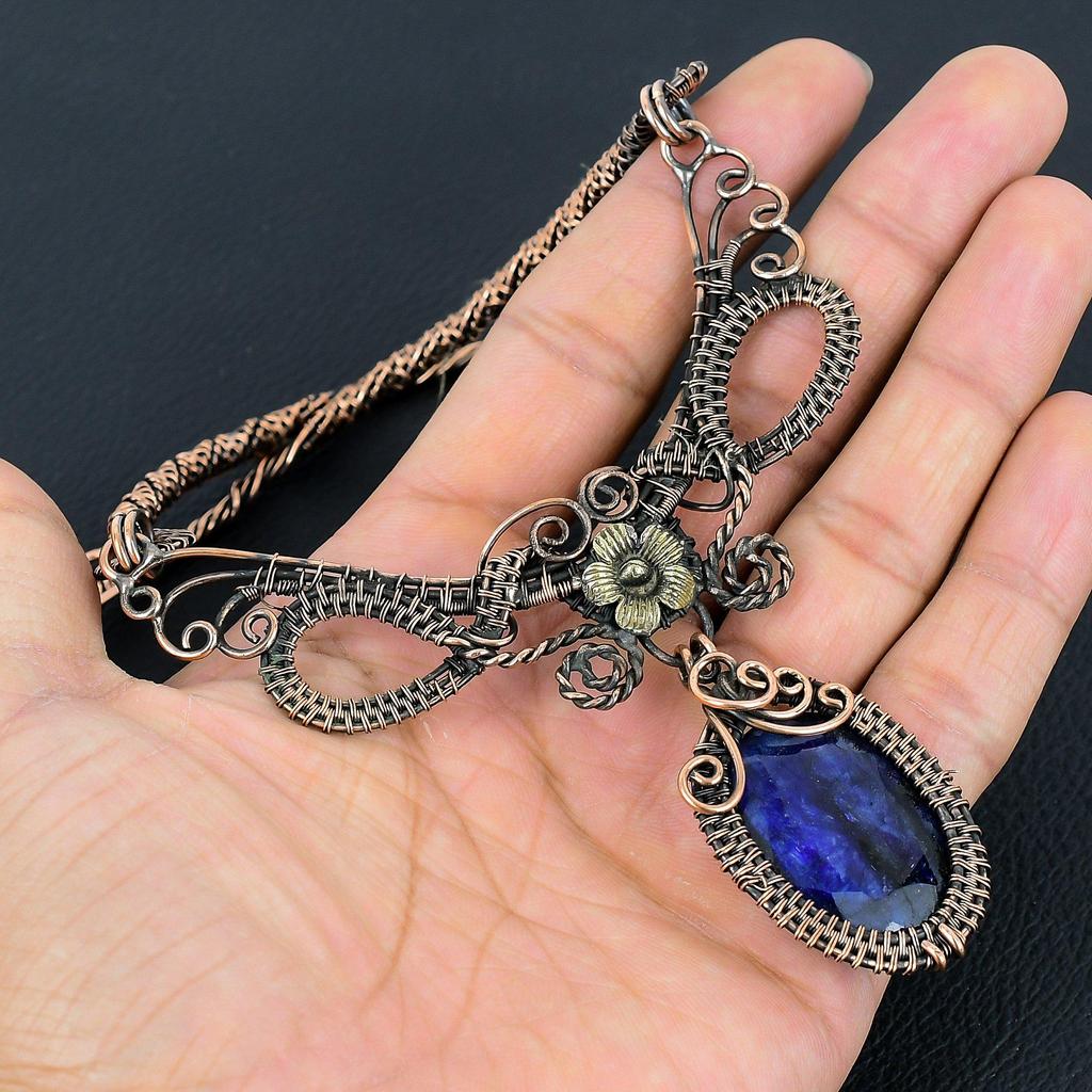 Blue Sapphire Necklace, Handmade Gemstone Necklace, 999 Copper Wire Wrapped Necklace Antique Jewelry, For Engagement Gift